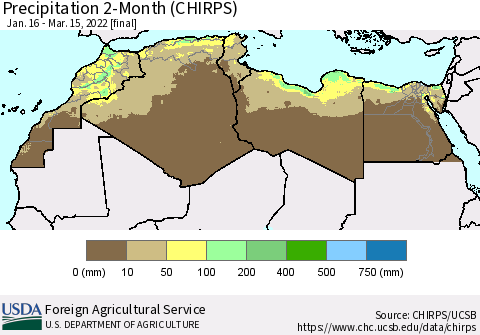 North Africa Precipitation 2-Month (CHIRPS) Thematic Map For 1/16/2022 - 3/15/2022
