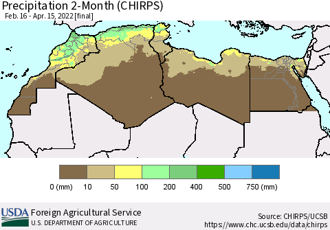 North Africa Precipitation 2-Month (CHIRPS) Thematic Map For 2/16/2022 - 4/15/2022