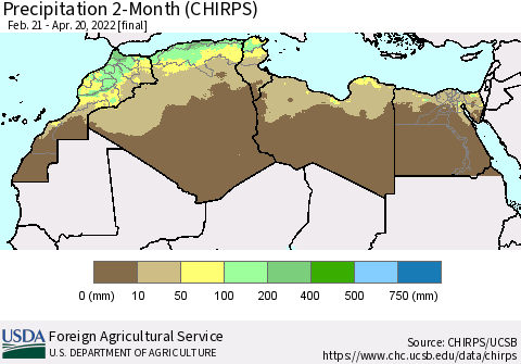 North Africa Precipitation 2-Month (CHIRPS) Thematic Map For 2/21/2022 - 4/20/2022
