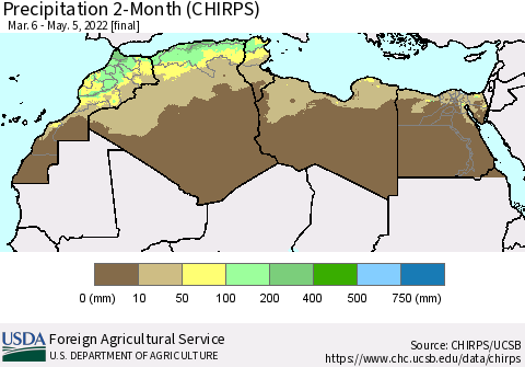 North Africa Precipitation 2-Month (CHIRPS) Thematic Map For 3/6/2022 - 5/5/2022