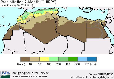 North Africa Precipitation 2-Month (CHIRPS) Thematic Map For 3/11/2022 - 5/10/2022