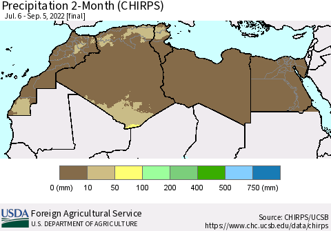 North Africa Precipitation 2-Month (CHIRPS) Thematic Map For 7/6/2022 - 9/5/2022