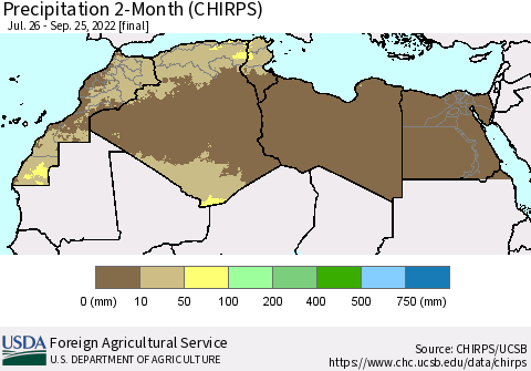 North Africa Precipitation 2-Month (CHIRPS) Thematic Map For 7/26/2022 - 9/25/2022