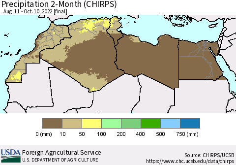 North Africa Precipitation 2-Month (CHIRPS) Thematic Map For 8/11/2022 - 10/10/2022