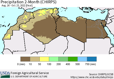 North Africa Precipitation 2-Month (CHIRPS) Thematic Map For 8/26/2022 - 10/25/2022
