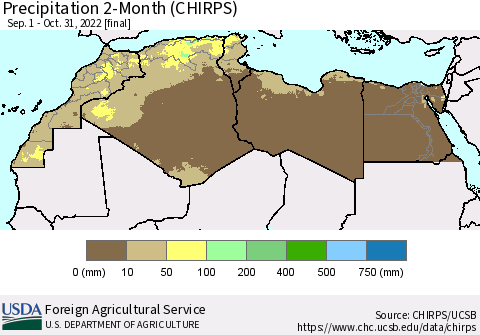 North Africa Precipitation 2-Month (CHIRPS) Thematic Map For 9/1/2022 - 10/31/2022