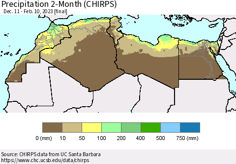North Africa Precipitation 2-Month (CHIRPS) Thematic Map For 12/11/2022 - 2/10/2023