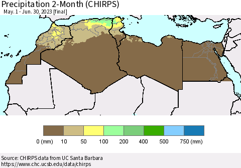 North Africa Precipitation 2-Month (CHIRPS) Thematic Map For 5/1/2023 - 6/30/2023