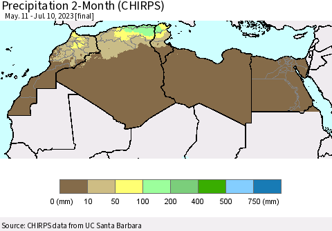 North Africa Precipitation 2-Month (CHIRPS) Thematic Map For 5/11/2023 - 7/10/2023
