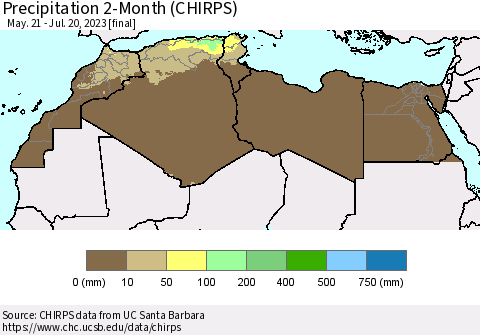 North Africa Precipitation 2-Month (CHIRPS) Thematic Map For 5/21/2023 - 7/20/2023