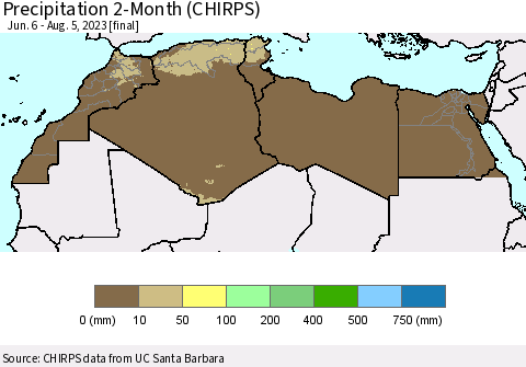 North Africa Precipitation 2-Month (CHIRPS) Thematic Map For 6/6/2023 - 8/5/2023
