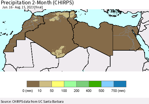 North Africa Precipitation 2-Month (CHIRPS) Thematic Map For 6/16/2023 - 8/15/2023