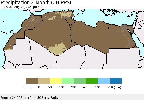 North Africa Precipitation 2-Month (CHIRPS) Thematic Map For 6/26/2023 - 8/25/2023