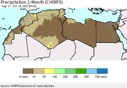 North Africa Precipitation 2-Month (CHIRPS) Thematic Map For 8/11/2023 - 10/10/2023