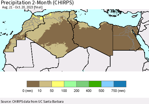 North Africa Precipitation 2-Month (CHIRPS) Thematic Map For 8/21/2023 - 10/20/2023