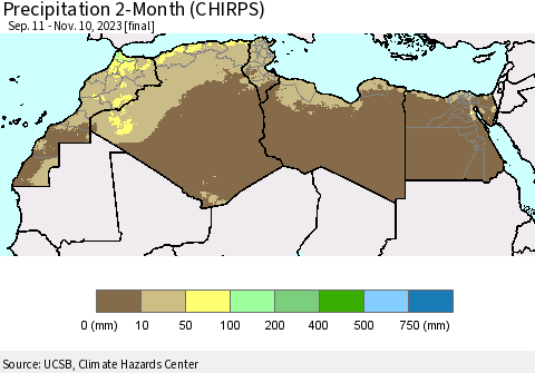 North Africa Precipitation 2-Month (CHIRPS) Thematic Map For 9/11/2023 - 11/10/2023