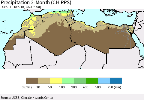 North Africa Precipitation 2-Month (CHIRPS) Thematic Map For 10/11/2023 - 12/10/2023