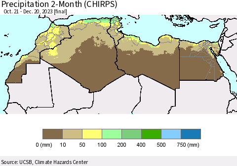 North Africa Precipitation 2-Month (CHIRPS) Thematic Map For 10/21/2023 - 12/20/2023