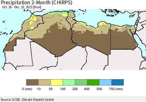 North Africa Precipitation 2-Month (CHIRPS) Thematic Map For 10/26/2023 - 12/25/2023