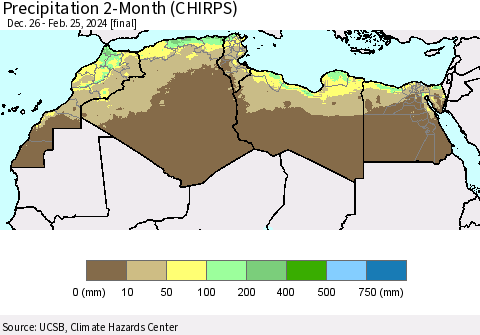 North Africa Precipitation 2-Month (CHIRPS) Thematic Map For 12/26/2023 - 2/25/2024