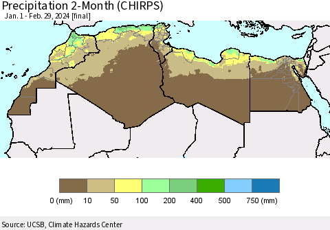 North Africa Precipitation 2-Month (CHIRPS) Thematic Map For 1/1/2024 - 2/29/2024