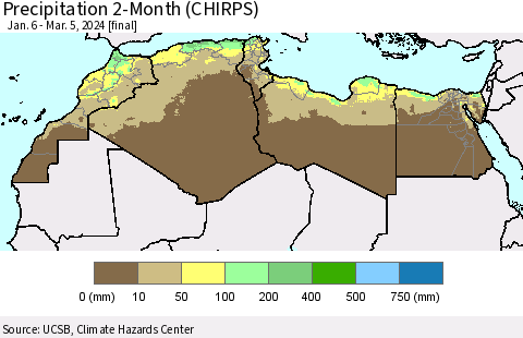 North Africa Precipitation 2-Month (CHIRPS) Thematic Map For 1/6/2024 - 3/5/2024