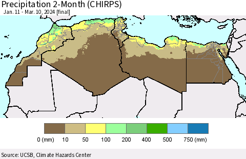 North Africa Precipitation 2-Month (CHIRPS) Thematic Map For 1/11/2024 - 3/10/2024