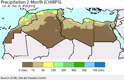 North Africa Precipitation 2-Month (CHIRPS) Thematic Map For 1/26/2024 - 3/25/2024