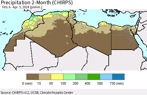 North Africa Precipitation 2-Month (CHIRPS) Thematic Map For 2/6/2024 - 4/5/2024