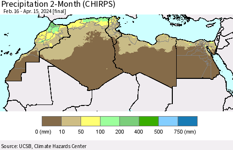 North Africa Precipitation 2-Month (CHIRPS) Thematic Map For 2/16/2024 - 4/15/2024