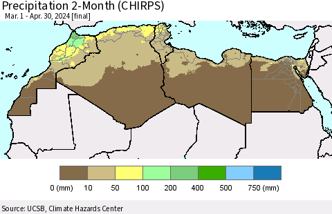 North Africa Precipitation 2-Month (CHIRPS) Thematic Map For 3/1/2024 - 4/30/2024