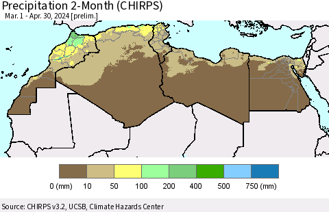 North Africa Precipitation 2-Month (CHIRPS) Thematic Map For 3/1/2024 - 4/30/2024