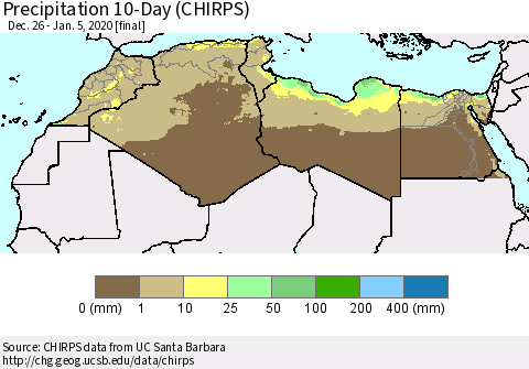 North Africa Precipitation 10-Day (CHIRPS) Thematic Map For 12/26/2019 - 1/5/2020