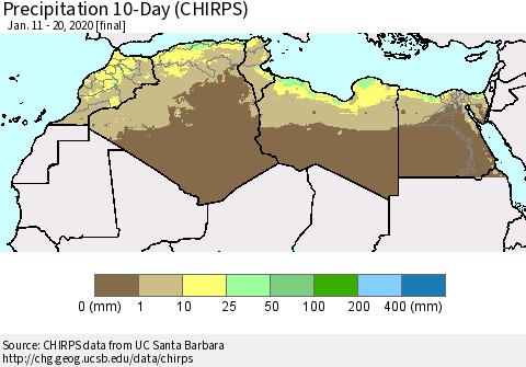 North Africa Precipitation 10-Day (CHIRPS) Thematic Map For 1/11/2020 - 1/20/2020