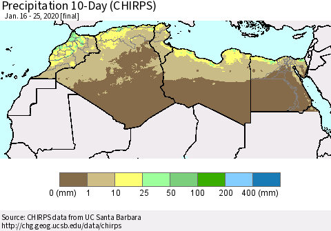 North Africa Precipitation 10-Day (CHIRPS) Thematic Map For 1/16/2020 - 1/25/2020