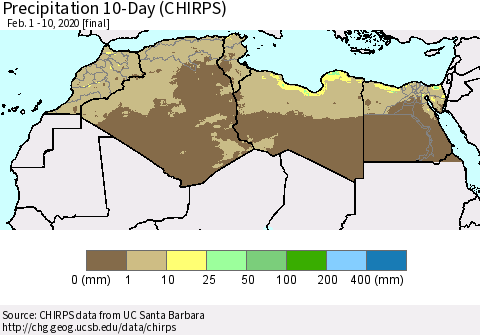 North Africa Precipitation 10-Day (CHIRPS) Thematic Map For 2/1/2020 - 2/10/2020