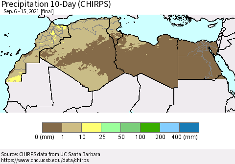 North Africa Precipitation 10-Day (CHIRPS) Thematic Map For 9/6/2021 - 9/15/2021