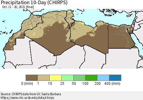 North Africa Precipitation 10-Day (CHIRPS) Thematic Map For 10/11/2021 - 10/20/2021
