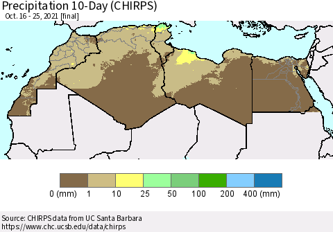North Africa Precipitation 10-Day (CHIRPS) Thematic Map For 10/16/2021 - 10/25/2021