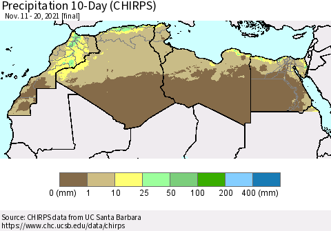 North Africa Precipitation 10-Day (CHIRPS) Thematic Map For 11/11/2021 - 11/20/2021