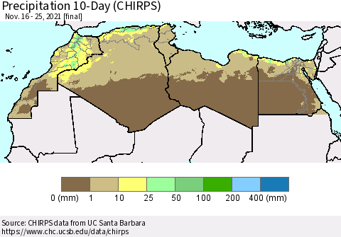 North Africa Precipitation 10-Day (CHIRPS) Thematic Map For 11/16/2021 - 11/25/2021