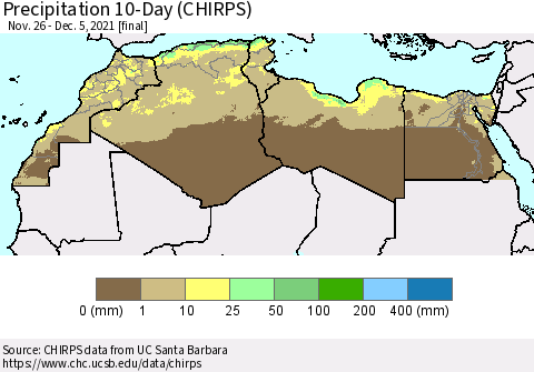 North Africa Precipitation 10-Day (CHIRPS) Thematic Map For 11/26/2021 - 12/5/2021