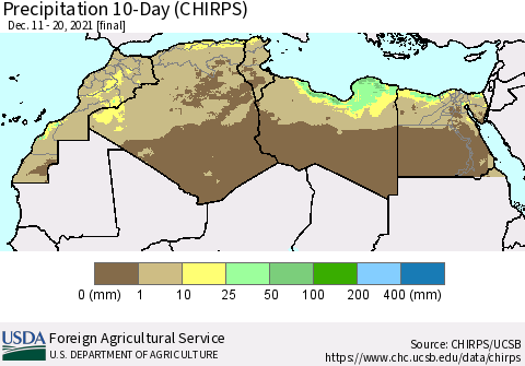 North Africa Precipitation 10-Day (CHIRPS) Thematic Map For 12/11/2021 - 12/20/2021