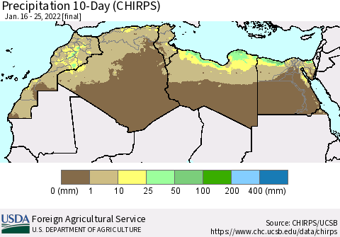 North Africa Precipitation 10-Day (CHIRPS) Thematic Map For 1/16/2022 - 1/25/2022