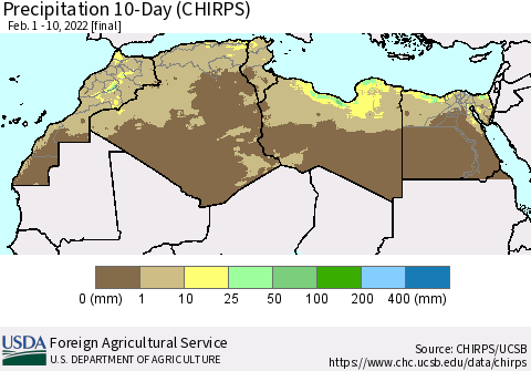 North Africa Precipitation 10-Day (CHIRPS) Thematic Map For 2/1/2022 - 2/10/2022