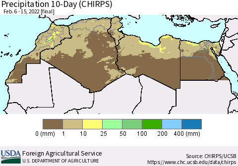 North Africa Precipitation 10-Day (CHIRPS) Thematic Map For 2/6/2022 - 2/15/2022