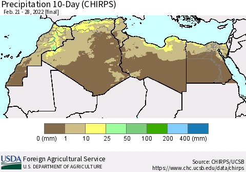 North Africa Precipitation 10-Day (CHIRPS) Thematic Map For 2/21/2022 - 2/28/2022