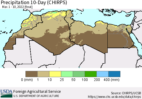 North Africa Precipitation 10-Day (CHIRPS) Thematic Map For 3/1/2022 - 3/10/2022