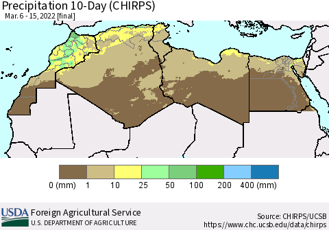 North Africa Precipitation 10-Day (CHIRPS) Thematic Map For 3/6/2022 - 3/15/2022