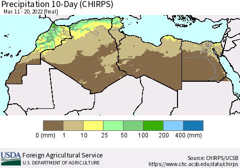 North Africa Precipitation 10-Day (CHIRPS) Thematic Map For 3/11/2022 - 3/20/2022